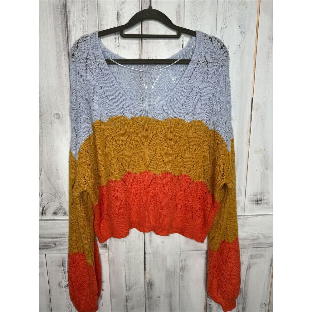 Crescent Women's Sweater Oversized Slouchy Striped Colorblock‎ Boho Open Weave M